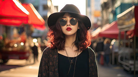 Fashionable young woman in black hat and sunglasses on the streetの素材