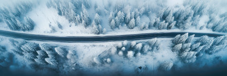 Aerial panoramic view of winter road in the forest.の素材
