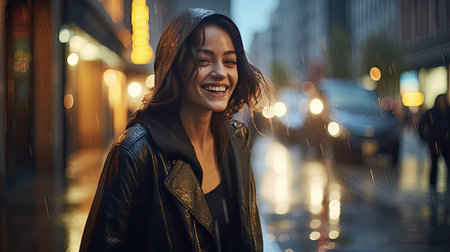 Beautiful young woman smiling in the city at the rainy night.の素材