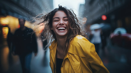 Happy young woman with wet hair in the rain on the street.の素材