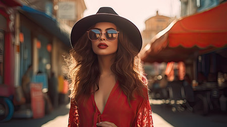 Portrait of a beautiful young woman in sunglasses and a hat.の素材