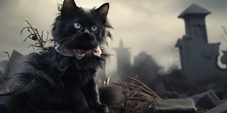 Black cat sitting in a cemetery, 3d digitally rendered illustration.の素材