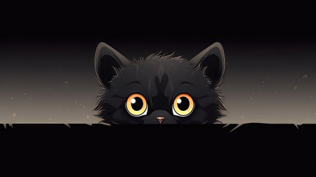 Illustration of a cute black cat peeking through the hole at nightの素材
