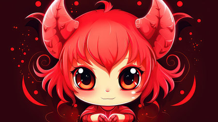 Illustration of a cute little girl with horns on a dark backgroundの素材