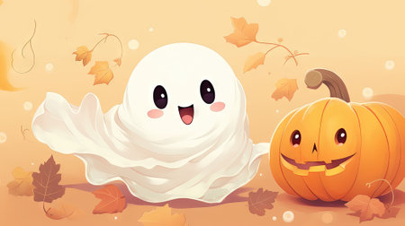 Illustration of a Cute Halloween Pumpkin Character with a White Scarfの素材