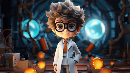 3d rendering of a boy dressed as a scientist in the laboratoryの素材