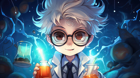 Illustration of a boy scientist holding a flask full of orange juice.の素材