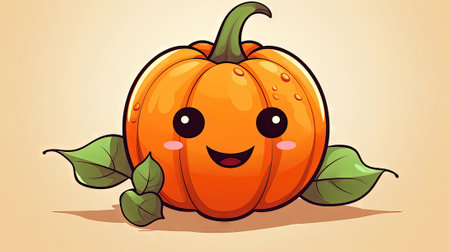 Cute orange pumpkin character with green leaves on a light background. Vector illustration.の素材