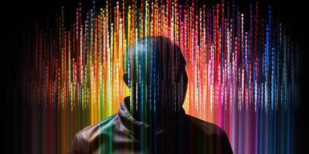 Silhouette of man in hoodie on abstract colorful lines backgroundの素材