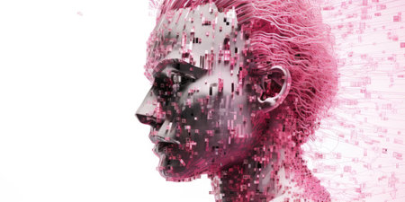 Double exposure of human face with digital binary code. 3D renderingの素材