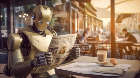 Robot reading newspaper in a coffee shop. 3d rendering.の素材