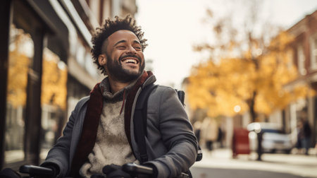 Happy young man riding a bicycle in the city. He is laughing and looking away.の素材