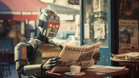 The robot sitting in a cafe and reading a newspaperの素材