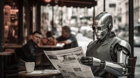 Robot reading newspaper in a coffee shop, black and white imageの素材