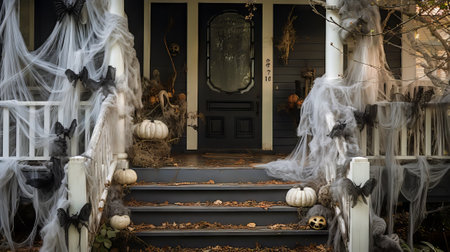Halloween decorations on the porch of a house with pumpkins and ghostsの素材