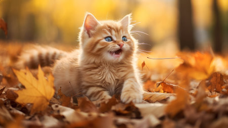 Cute little kitten on autumn leaves in park. Space for textの素材