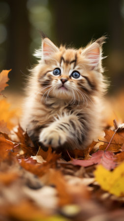 Cute siberian kitten with blue eyes in autumn leaves.の素材