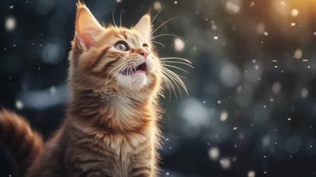 Cute ginger cat on a background of a winter snowfall.の素材
