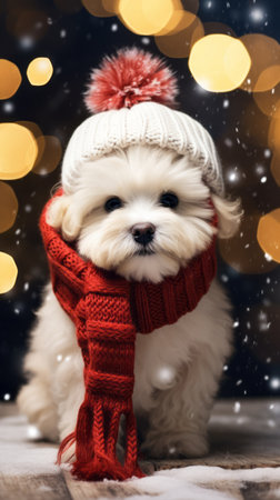 Cute Maltese puppy wearing a red knitted hat and scarf on a Christmas background.の素材
