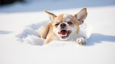 Cute chihuahua lying on snow and yawning.の素材