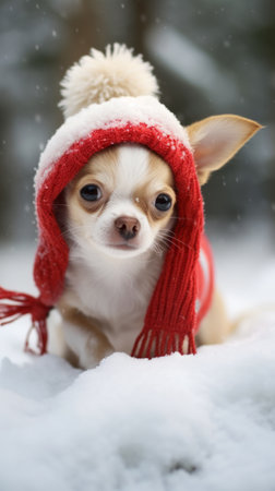 Cute chihuahua in red scarf and hat in the snowの素材