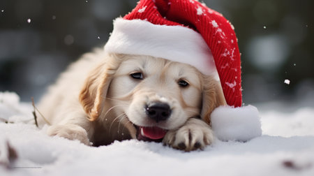 Cute golden retriever puppy in red christmas hat lying on snowの素材