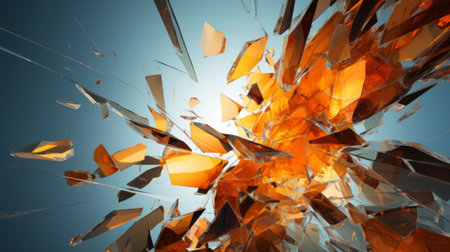 3d render of broken glass on a blue background. Abstract backgroundの素材