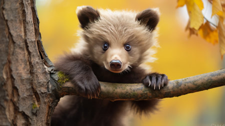 Cute little brown bear on tree branch in autumn forest. Animal portraitの素材