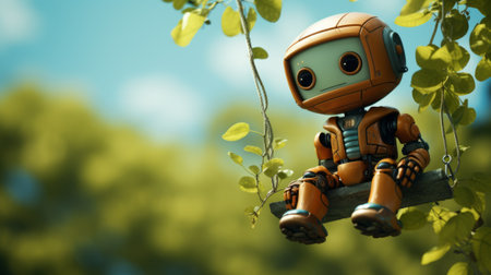 3d rendering of robot sitting on the tree with nature background.の素材