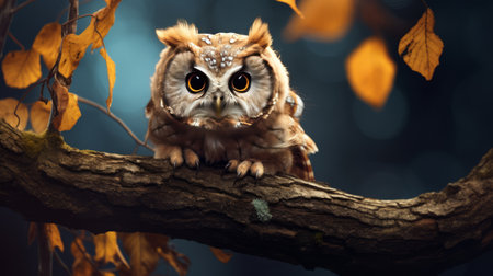 Beautiful owl sitting on a branch in the autumn forest. Halloween theme.の素材