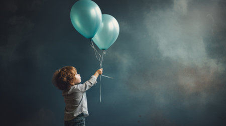 Cute little boy playing with air balloons on a dark blue backgroundの素材