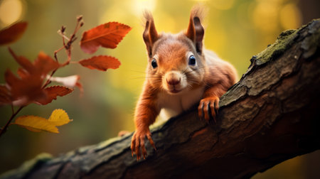 Squirrel in the autumn forest on a tree branch with red leavesの素材