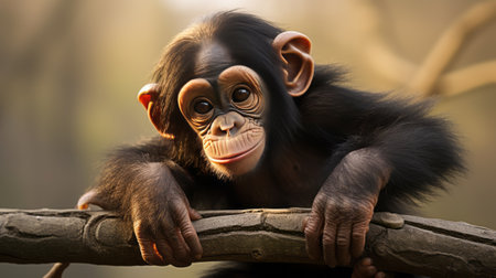 Chimpanzee monkey sitting on a branch. Portrait of a chimpanzee.の素材