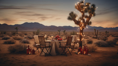 Romantic dinner in a desert with a tree in the background.の素材