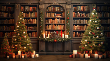 Christmas tree in the library with candles and books. 3d renderingの素材
