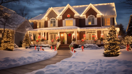 Beautiful house decorated for Christmas and New Year holidays in winter.の素材