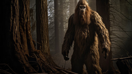 bigfoot in the dark forest at night. 3d renderingの素材