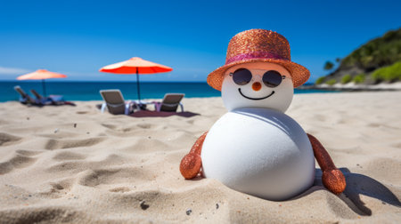 Funny snowman on the sandy beach. Summer vacation concept.の素材