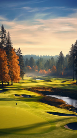 Beautiful landscape of golf course in autumn at sunset. Panoramaの素材
