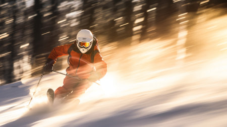Skier skiing downhill in high mountains during sunny day. Horizontal bannerの素材