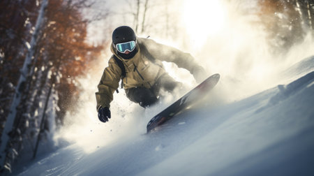 Snowboarder jumping in winter forest. Extreme snowboard sport.の素材
