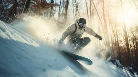 Snowboarder jumping in the air in the forest. Extreme winter sport.の素材