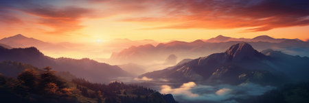 Panoramic view of foggy mountains at sunrise. Dramatic sky.の素材