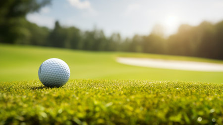 Golf ball on green grass ready to be shot at golf courseの素材