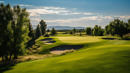 Panoramic view of a beautiful golf course with green and treesの素材