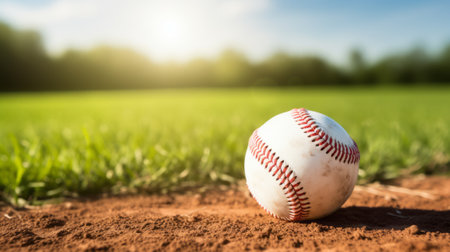 Baseball on the field, soft focus background with copy space.の素材