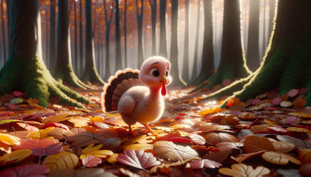 Cute little turkey in the autumn forest. 3D rendering.の素材