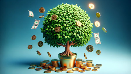 Money tree growing out of coins. 3D illustration. Business concept.の素材