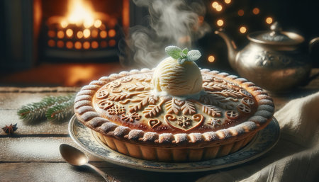 Traditional Christmas cake with ice cream on wooden table in front of fireplaceの素材