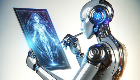 3d rendering humanoid robot looking at x-ray image of human bodyの素材